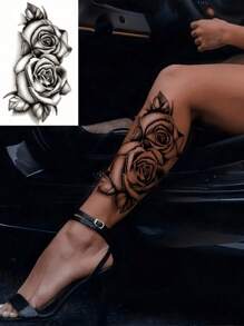 14 Sheets Temporary Tattoos Adult Women, Black Flower Rose Fake Tattoos Women, Realistic Large Body Marking Tattoos, Look Real Waterproof Fake Tattoo Stickers, Body Art Arm Sketch Tattoo Stickers, Suitable For All Daily Festival Fashion - Black - View 4