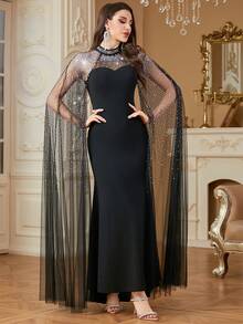 女式立领透视网眼拼接肩部和袖子，水晶装饰，优雅长袖长裙、派对礼服、礼服、正式、晚会、婚礼宾客