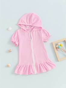 Little Girl Swim Cover Up Casual Loose Solid Color Short Sleeve Ruffled Zipper Hooded Swimsuit Toddler Bathing Suit - Pink - View 2