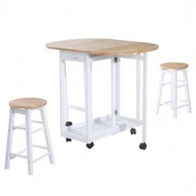 HOMCOM 3PC Wooden Kitchen Cart Mobile Rolling Trolley Folding Bar Table Two Stools Dining Chair Storage Shelf W/2 Drawers & 6 Wheels - White - View 2