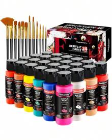 Fantastory Fantastory Set de Pintura Acrílica 24 x 60 ml, 12 Pinceles, Excelente Cobertura, Alta Solidez a la Luz, Pintura Acrílica Impermeable, para Lienzo, Madera, Cerámica, Maquetas, Artistas, Profesionales, Principiantes