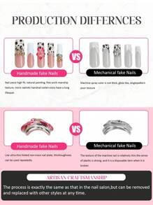 10pcs Handmade Long Square Press On Nails 3D Cherry, Art Flower, Pointed Star Fake Nails Vintage French Tip Nails Style For Women And Girls