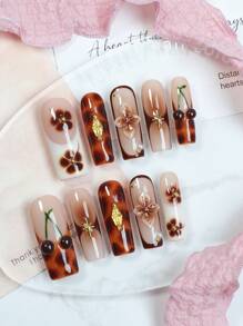 10pcs Handmade Long Square Press On Nails 3D Cherry, Art Flower, Pointed Star Fake Nails Vintage French Tip Nails Style For Women And Girls