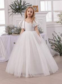 女童泡泡袖薄纱花童裙，公主裙，适合复活节、生日派对、婚礼、舞会、节日场合 - 白色 - 查看 1