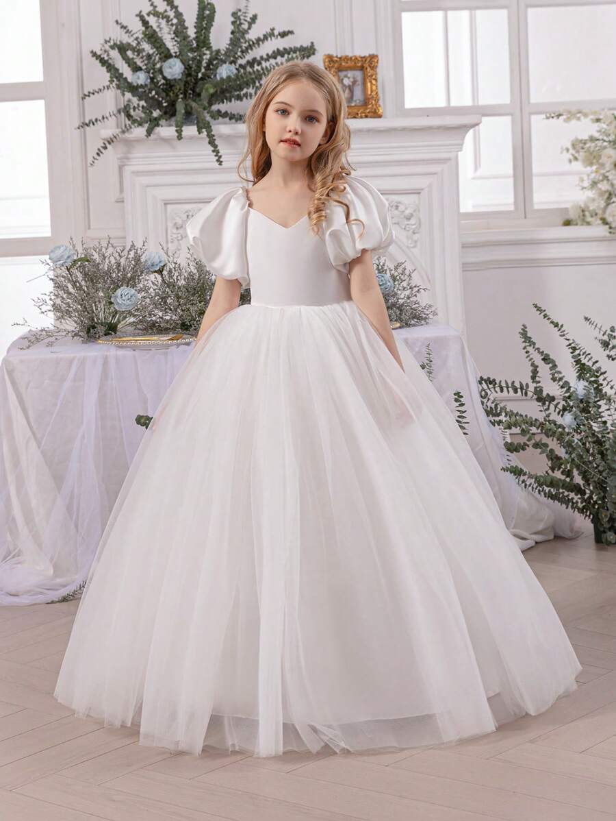 女童泡泡袖薄纱花童裙，公主裙，适合复活节、生日派对、婚礼、舞会、节日场合 - 白色 - 查看 1