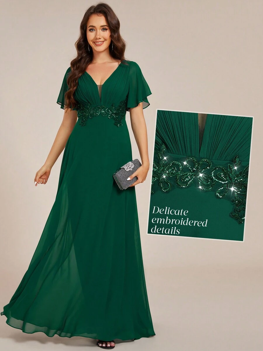 EVERPRETTY Elegant V-Neck Pleated Applique Ruffle Sleeve Bridesmaid Dress - Dark Green - View 1