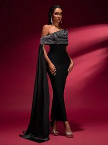 女士秋季串珠系带拼接露肩修身端庄长款晚礼服