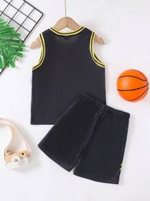 2pcs Boys' Casual Numeric Print Sports Set - Top And Shorts, Spring/Summer - Black - View 2