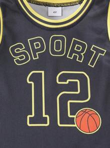 2pcs Boys' Casual Numeric Print Sports Set - Top And Shorts, Spring/Summer - Black - View 5