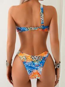 One-Piece Sexy Hollow Out Backless Leopard Print & Colorful Graphic Bikini, Suitable For Beach, Holiday, Camping And Vacation In Summer - Multicolor - View 3