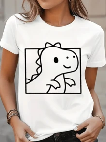 Women's 1Pcs T-Shirt  220g Pure Heavy Cotton With Picture Print Of Playful Dinosaur And Geometric Frame