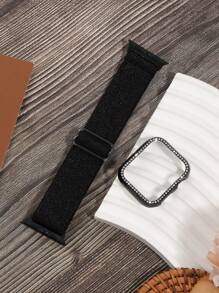 2 件/套保护壳和表带，适用于 38 40 41 42 44 45 46 毫米，兼容 系列 11 10 9 8 7 SE 6 5 4 3 2 1，镶嵌闪亮水钻，高光电镀黑色/银色/金色，配有 BlingBling 弹力环形腕带，最佳配件套装兼容