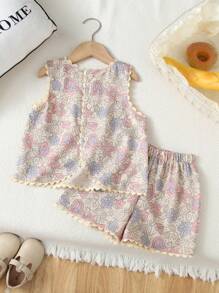 Humor Bear 年轻女孩花卉刺绣荷叶边衬衫和短裤两件套服装，时尚夏季套装 - 卡其色 - 查看 2