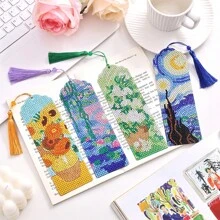 Juego de 4 piezas de pintura colgante en forma de marcapáginas de estilo de arte de diamantes DIY con borlas, decoración del hogar con estilo de pintura al óleo de Van Gogh, de vuelta a la escuela como regalo, decoración colgante de pared, manualidad de marcapáginas, artesanía de amantes de las piedras rhinestone y, suministros navideños, regalo de graduación y cumpleaños