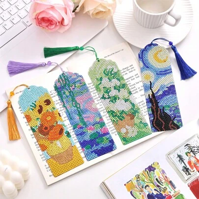 4 Pieces Diamond Art Bookmark Shaped Hanging Painting Kits DIY Craft Dotz With Tassel ,Home Decoration Van Gogh Oil Painting Style Back To School For Gifts Wall Hanging Decoration Bookmark Craft Handicraft Lovers Rhinestones Beaded Leather Corner Bookmark Christmas Supplies Graduation Birthday Gift