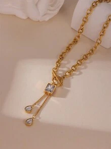 GEREIT 1 件女士时尚奢华水滴锆石 18K 镀金不锈钢加厚链条项链带 OT 扣 - 金色 - 查看 2