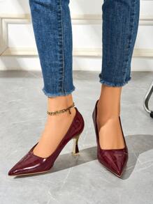 Zapatos de vestir de tacón alto color burdeos para mujer, tacones de aguja de tacón de señora sexy de uso casual, zapatos formales de oficina para mujer - Burdeos - Ver 3