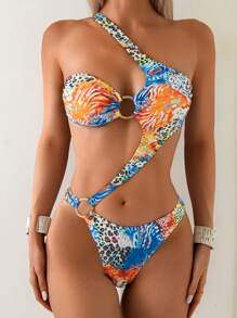One-Piece Sexy Hollow Out Backless Leopard Print & Colorful Graphic Bikini, Suitable For Beach, Holiday, Camping And Vacation In Summer - Multicolor - View 1