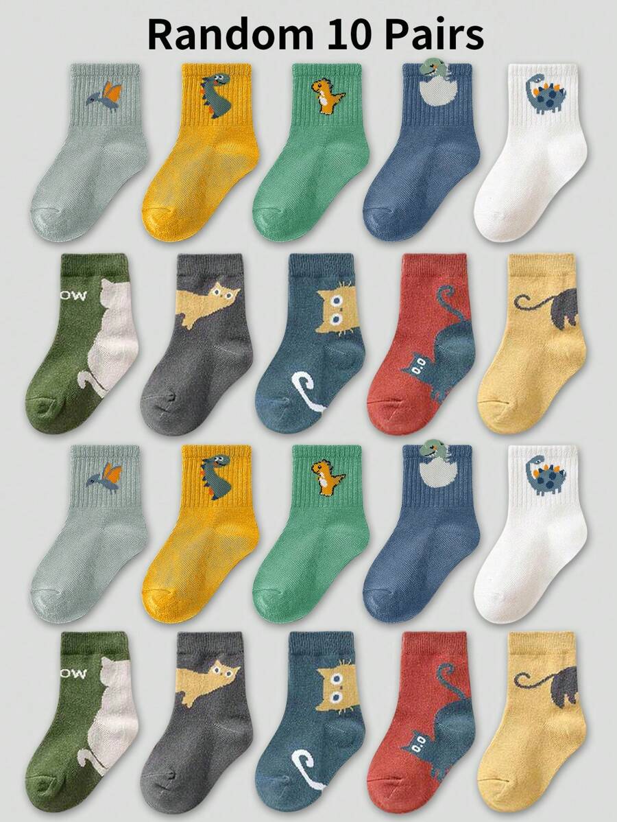 10 Pairs Random Mix Color Children Socks With Cartoon Cat & Dinosaur Patterns, Versatile Mid-Calf Socks For Boys & Girls, Suitable For Daily Casual Wear - Multicolor - View 1