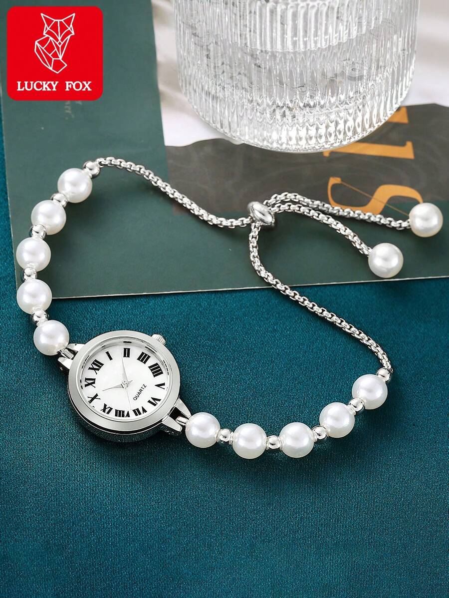 LUCKYFOX 1 pieza Reloj de cuarzo elegante de moda de alta gama con correa de perlas para niña, diseño de pulsera ajustable, adecuado para la vida diaria y como regalo