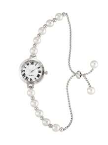 LUCKYFOX 1 pieza Reloj de cuarzo elegante de moda de alta gama con correa de perlas para niña, diseño de pulsera ajustable, adecuado para la vida diaria y como regalo