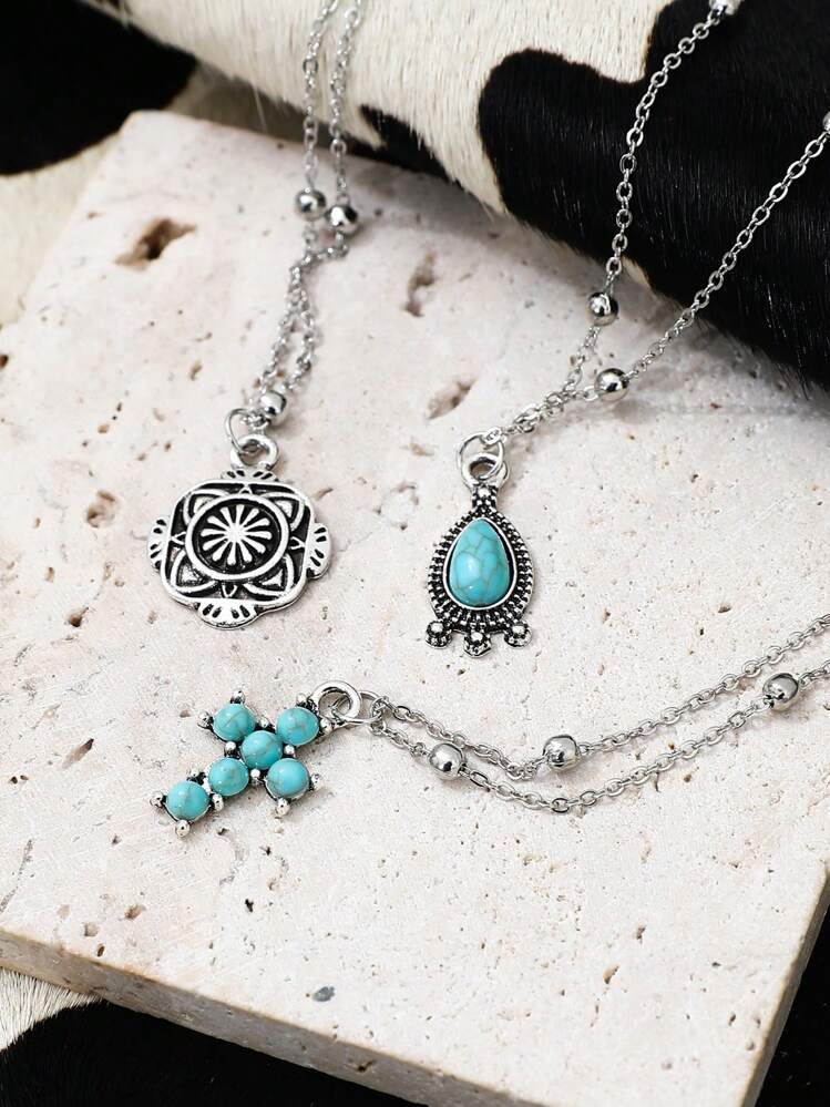 Set de 3 collares estilo vaquero occidental vintage con herradura de turquesa, cactus, y cadenas minimalistas (la longitud se puede recortar, no se cuenta por cantidad de cuentas) - Plata antigua - Añade 6