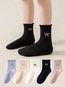 3 Pairs Random Mixed Color Girl Kids Socks With Lace Bow Decor, Versatile Girls Baby Crew Socks Suitable For Daily Wear All Seasons - Multicolor - View 3