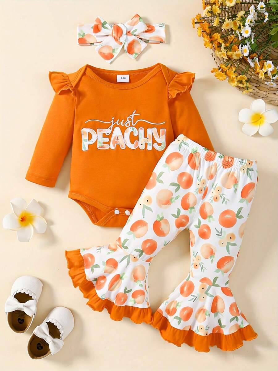 Baby Girl Peach Outfit, Letter Print Long Sleeve Romper Elastic Waist Flare Pants Tie Headband 3 Piece Set For Fall - Orange - View 1
