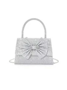Sac à main élégant et simple de dames avec nœud papillon pailleté et couleur unie, pour soirée, mariage, bal de promo, rendez-vous de la Saint-Valentin - Argent - Voir 4