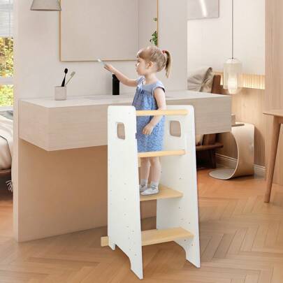 Torre didattica Montessori da 90 cm, torre di osservazione per bambini in legno, pedali regolabili in altezza e protezione antiribaltamento, seggiolino per bambini, 50x42x90 cm