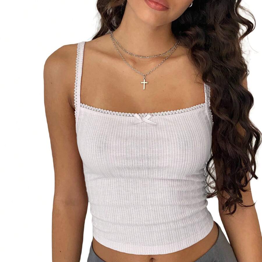 Women's Lace Trim Cami Tops Summer Rib Knit Crop Tank Tops Spaghetti Straps Sleeveless Square Neck Camisole Vests - 白色 - 查看 1