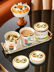 4pcs (3 Jars In 1 Tray) Easter Rabbit Plastic Multifunctional Storage Jar Sealed Jar Living Room Restaurant Kitchen Tray Set For Cereals, Candies, Biscuits, Bread, Suitable For Outdoor Weddings, Parties, Gifts, Birthdays - Multicolor - View 7