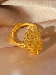1pc Elegant Versatile 24K Gold Plated Hollow Leaf Design Adjustable Ring, Suitable For Women's Daily Wear - Yellow Gold - View 3