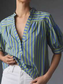 Womens Summer Pleated V Neck T Shirts Short Sleeve Casual Loose Blouses Striped Tunics Swing Top - 藍色 - 查看 1