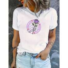 Funny T-Shirt Purple Rose Simple Pattern Round Neck T-Shirt, Casual Short Sleeved T-Shirt, Women's Clothing Oversized T-Shirt Graphic T-Shirts Women Casual Short-Sleeved Top