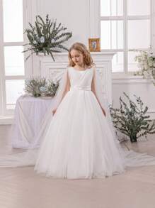 少女亮片蝴蝶结薄纱派对礼服，优雅公主裙，适合生日礼物、宴会、婚礼、花童、节日庆典 - 白色 - 查看 5