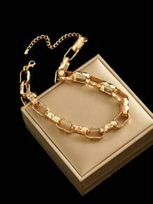 1pc European & American Hip Hop Punk Style Geometric Square Textured Metal Chain Necklace - Yellow Gold - View 2