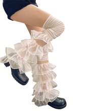 Calentadores de piernas para mujer con volantes de encaje y retazos, calcetines largos hasta el muslo, cubrebotas para ropa de calle - blanco - Ver 2