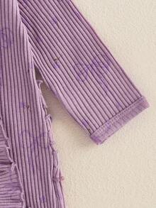 Conjunto de otoño para niña recién nacida, mono con estampado de lazo, manga larga, largo completo, cremallera frontal, acanalado, diadema con lazo, 2 piezas - Morado - Ver 5