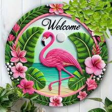 1pc 8x8 Inch Round Vintage Pink Flamingo Welcome Sign - Waterproof Metal Wreath Decor, Suitable For Porch And Home, Holes For Installation Gifts Birthday Graduation