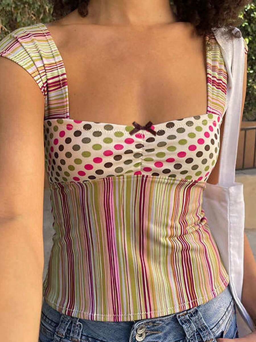 Women's Y2k Crop Tank Tops Multicolor Polka Dot Stripe Patchwork Square Neck Bowknot Slim Fit Vest Tops Summer Going Out Cami Tops Casual Streetwear - 彩色 - 查看 1
