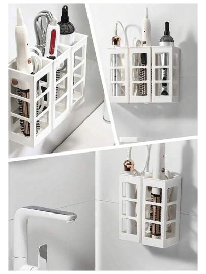 1pc Large Capacity No-Drill Wall Mounted Holder Rack For Curling Iron, Hair Dryer, Skin Care Products, Can Be Used As Storage Shelf In Bedroom Or Bathroom