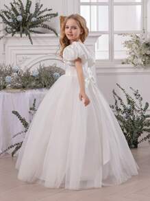 女童泡泡袖薄纱花童裙，公主裙，适合复活节、生日派对、婚礼、舞会、节日场合 - 白色 - 查看 7