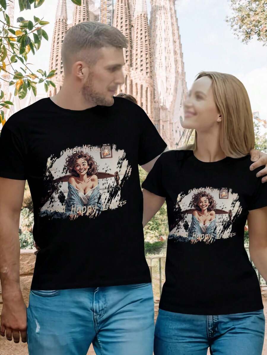 Valentine's Day Vixen Wives T-Shirt Happy Lives Stag Vixen Lifestyle Tees For Women - Black - View 1