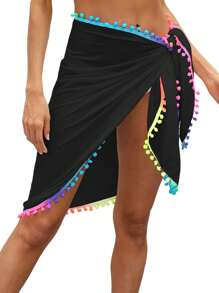 Women's Beach Sarong Coverups Short Bathing Suit Wrap Skirt Beach Wrap Swimsuit Cover Ups With Colorful Tassel - 藏青色 - 查看 4