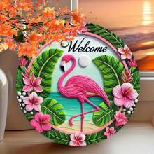 1pc 8x8 Inch Round Vintage Pink Flamingo Welcome Sign - Waterproof Metal Wreath Decor, Suitable For Porch And Home, Holes For Installation Gifts Birthday Graduation