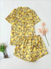 2 件套女士短袖纽扣领上衣和短裤睡衣套装，舒适休闲宽松家居服，可爱的黄色印花基本款，适合家居和户外穿着，春夏秋冬 - 黃色 - 查看 8