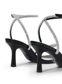 Women Double Bowknots Heeled Sandals Open Square Toe Ankle Strap Crystal Rhinestone Dress Sandals For Party Wedding - 黑色 - 查看 6