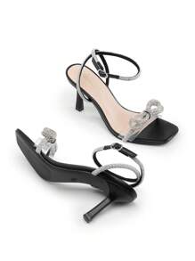 Women Double Bowknots Heeled Sandals Open Square Toe Ankle Strap Crystal Rhinestone Dress Sandals For Party Wedding - 黑色 - 查看 5