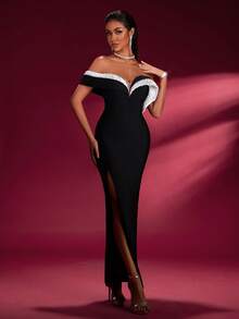 Đầm Maxi dự tiệc màu tương phản một bên vai cho nữ mùa thu - màu đen - Xem 6